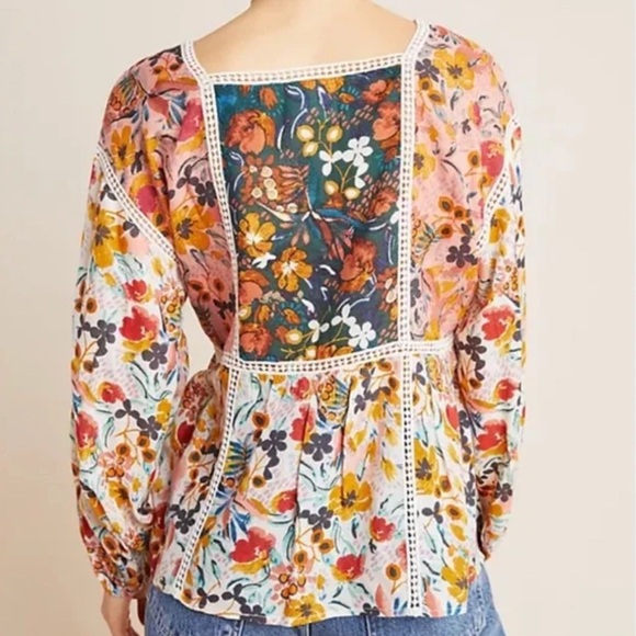 Maeve Anthropologie Nikki Peasant Blouse Square-Neck Women Small Bohemian Floral - Picture 2 of 9
